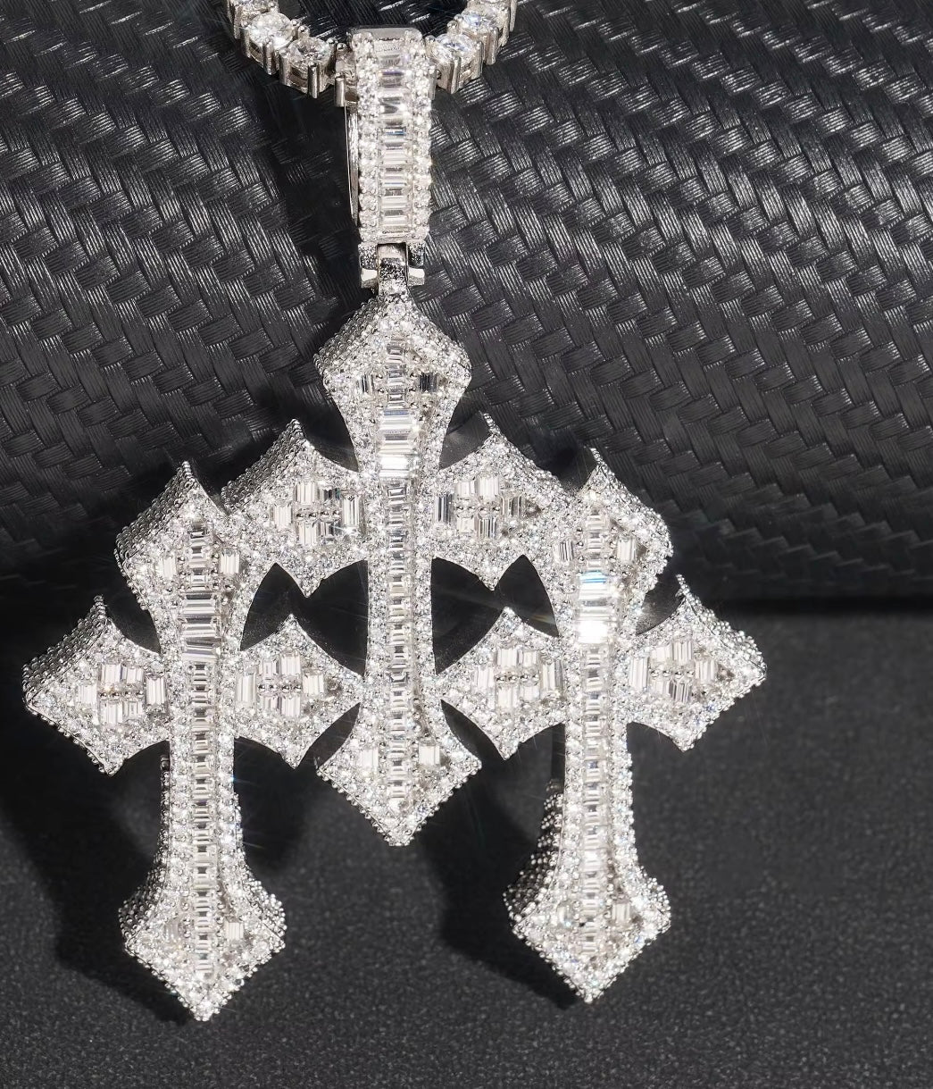 MOIS TRIO-  70.5 mm Moissanite three cluster cross pendant