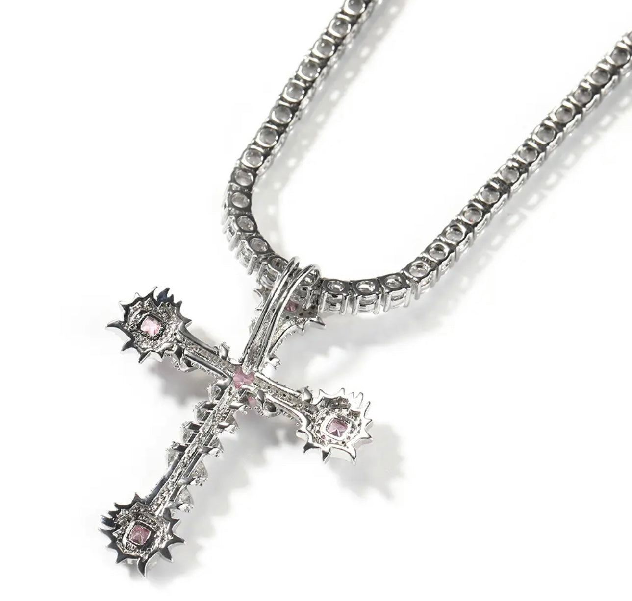TRENDY- 5.3 cm Cross pendant with pink stones