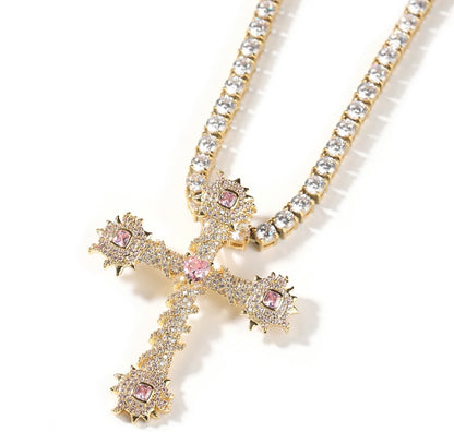TRENDY- 5.3 cm Cross pendant with pink stones