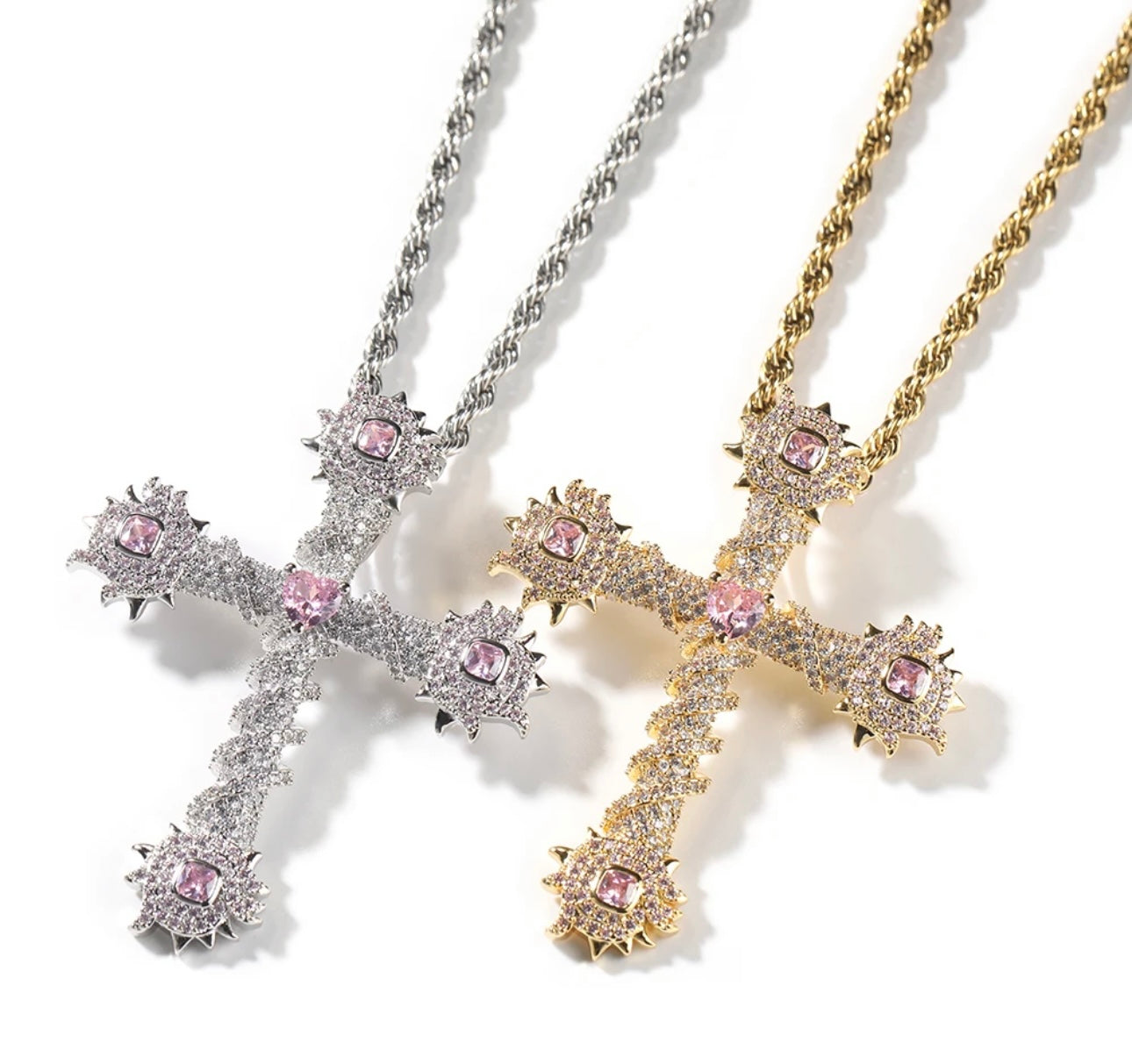 TRENDY- 5.3 cm Cross pendant with pink stones