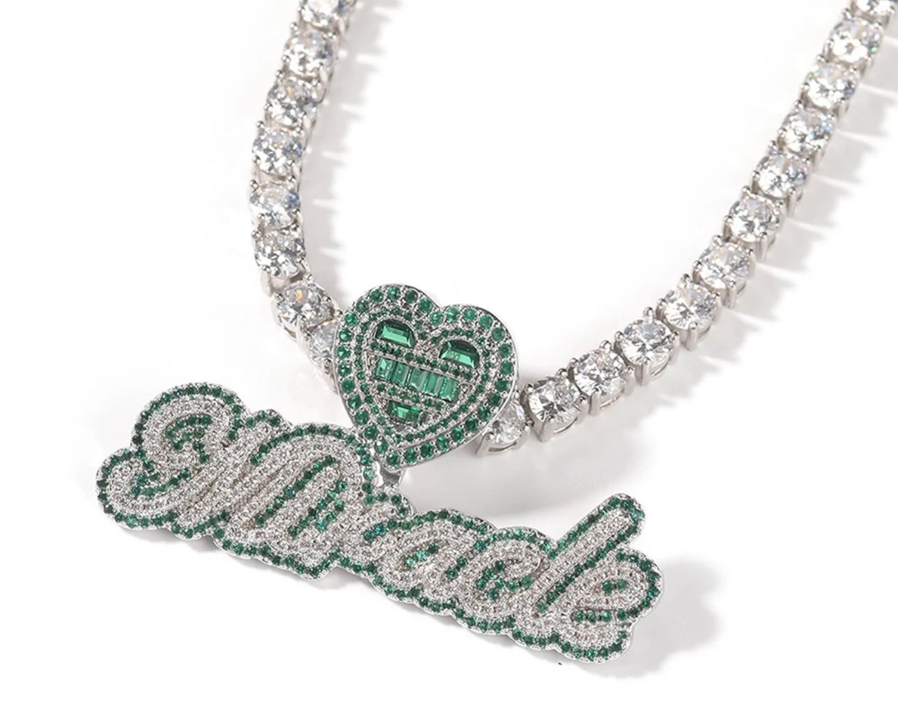 EMERALD - Green heart hook nameplate pendant